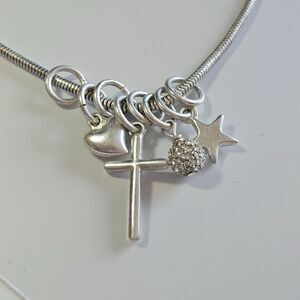 Bud to Rose Silver Tone Necklace 18-21" Star Heart Cross Clear Rhinestone Charms